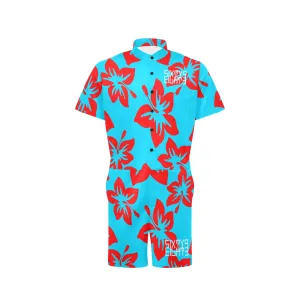 Sixty Eight 93 Logo White Hibiscus Red & Aqua Blue Men's Short Sleeve Jumpsuit