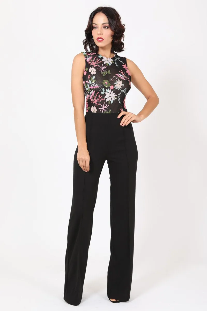 Sleeveless Floral Embroidered Bodice Jumpsuit 15623