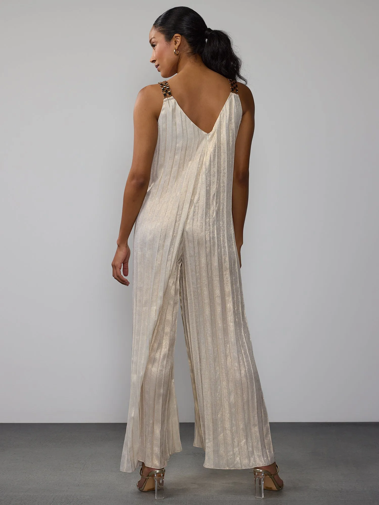 Sleeveless Metallic Pleated Plisse Jumpsuit