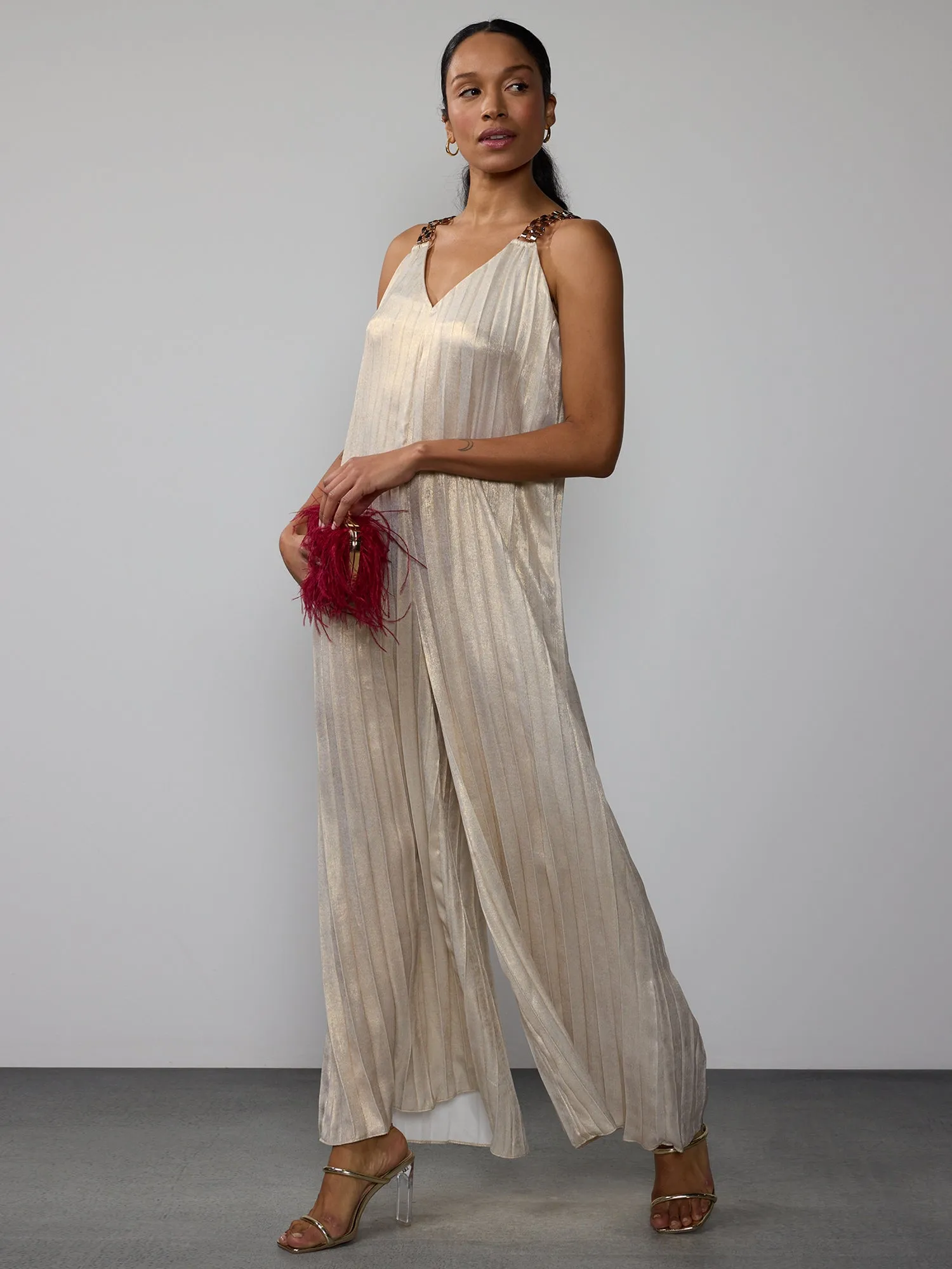 Sleeveless Metallic Pleated Plisse Jumpsuit