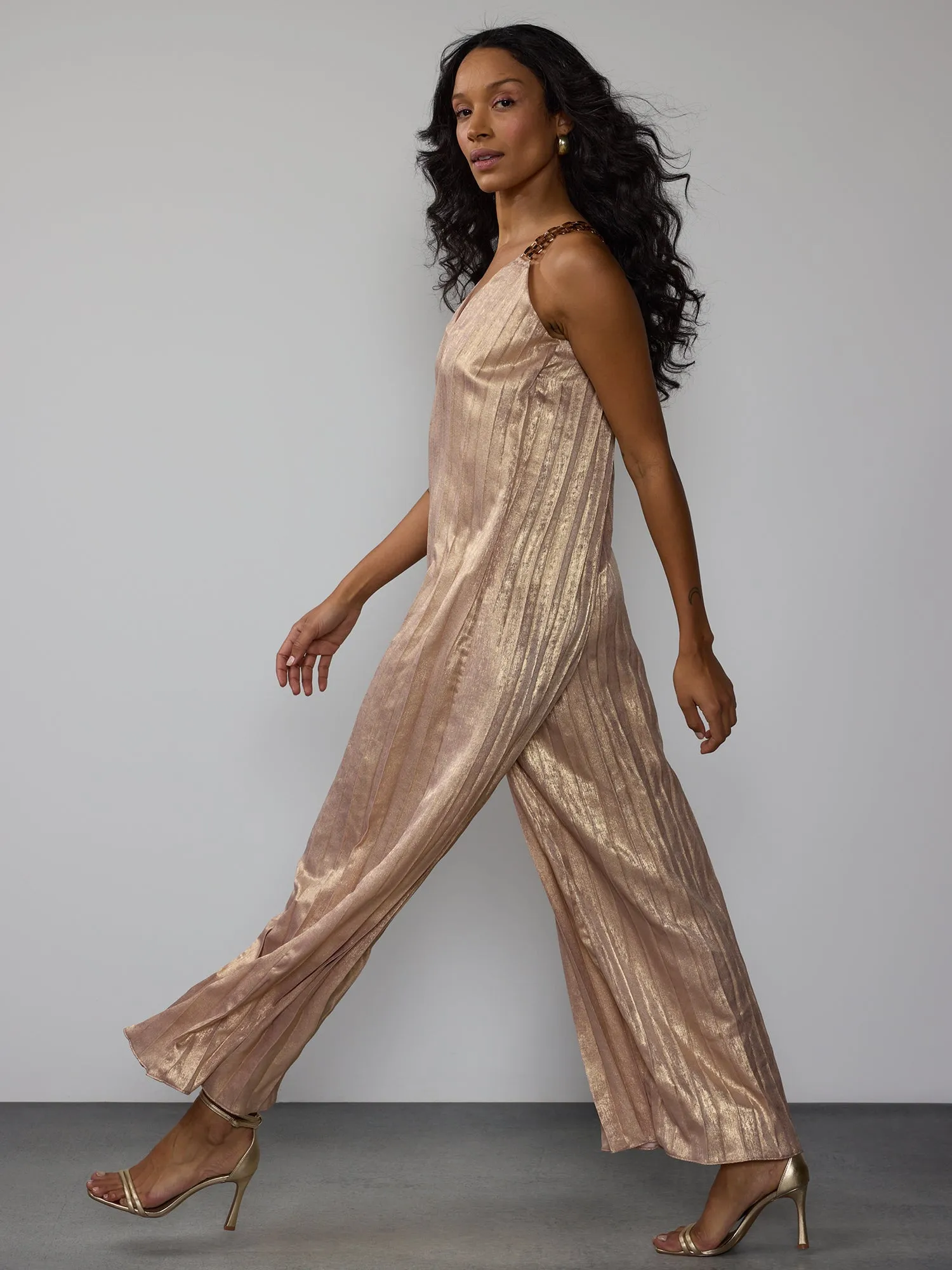 Sleeveless Metallic Pleated Plisse Jumpsuit