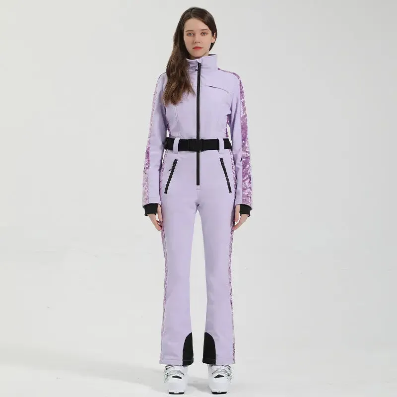 Slim Fit One Piece Ski Suit Belted Outdoor Snow Jumpsuits