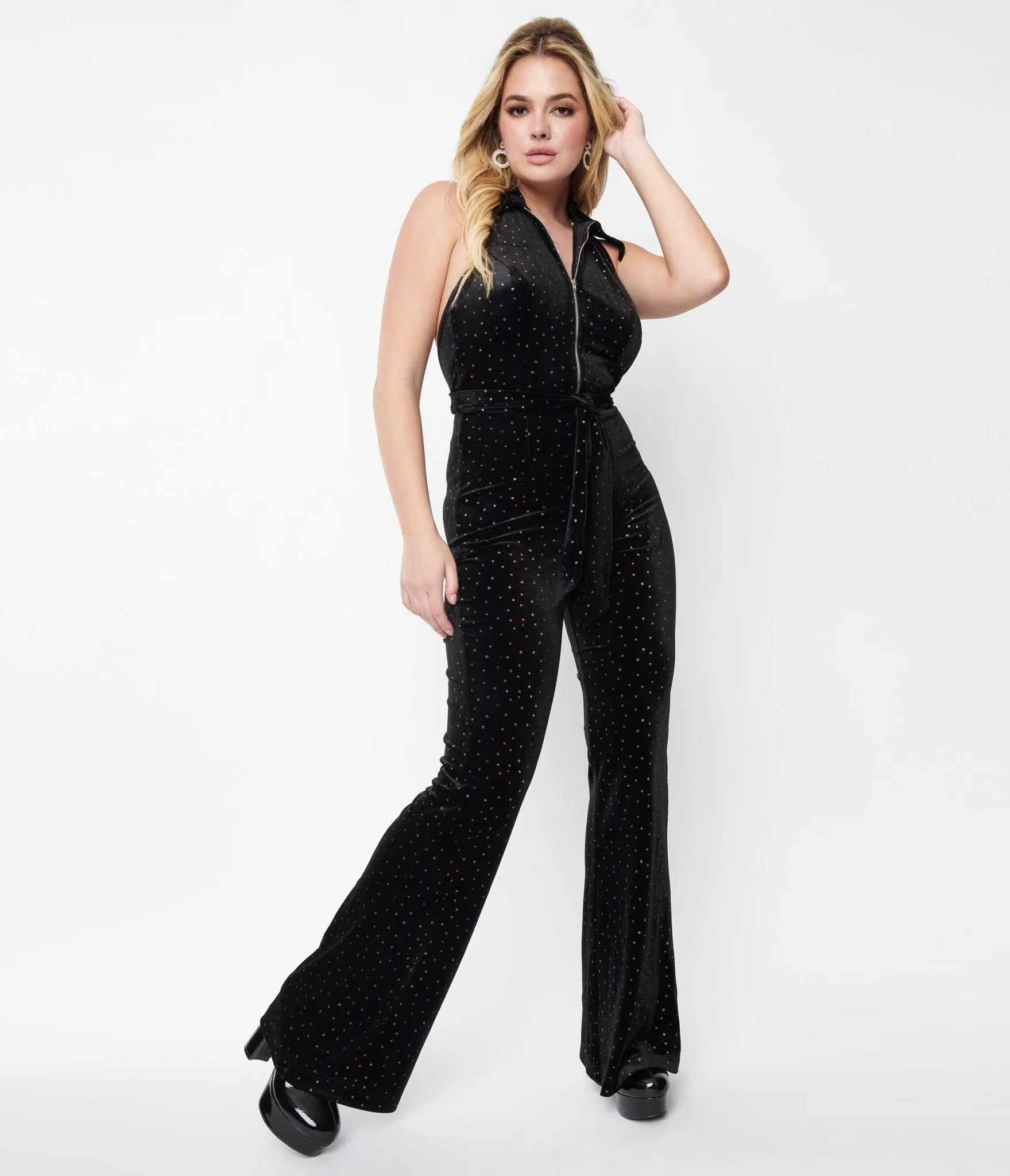 Smak Parlour 1970s Black Velvet & Rainbow Glitter Polka Dots Halter Jumpsuit