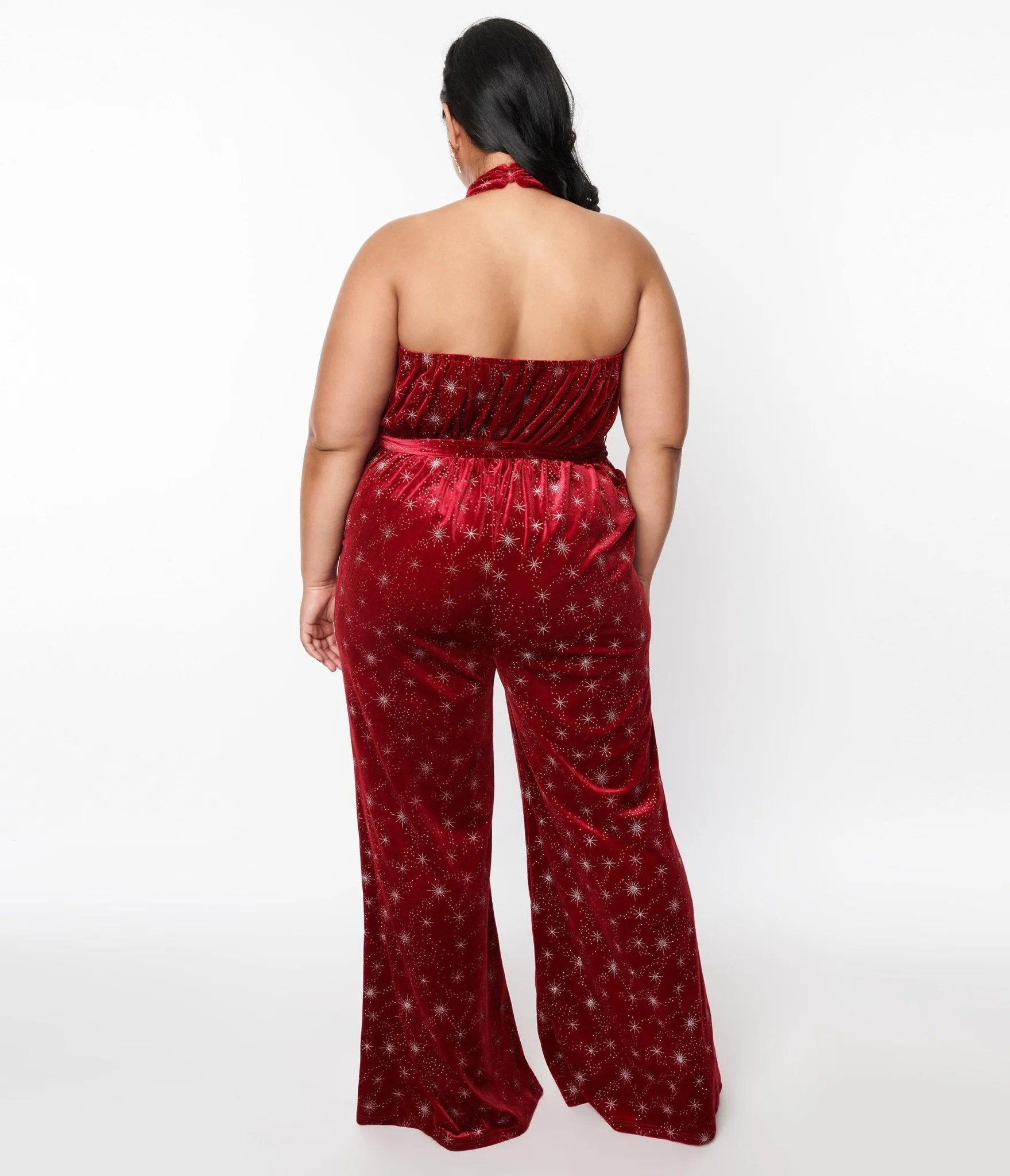 Smak Parlour 1970s Red & Silver Star Velvet Draped Darling Jumpsuit