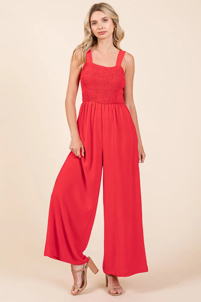 Smocked Strap Wide Leg Pleated Jumpsuit