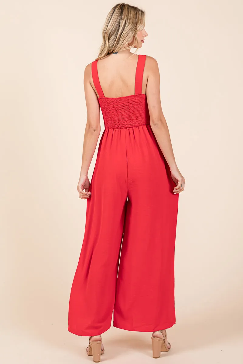 Smocked Strap Wide Leg Pleated Jumpsuit