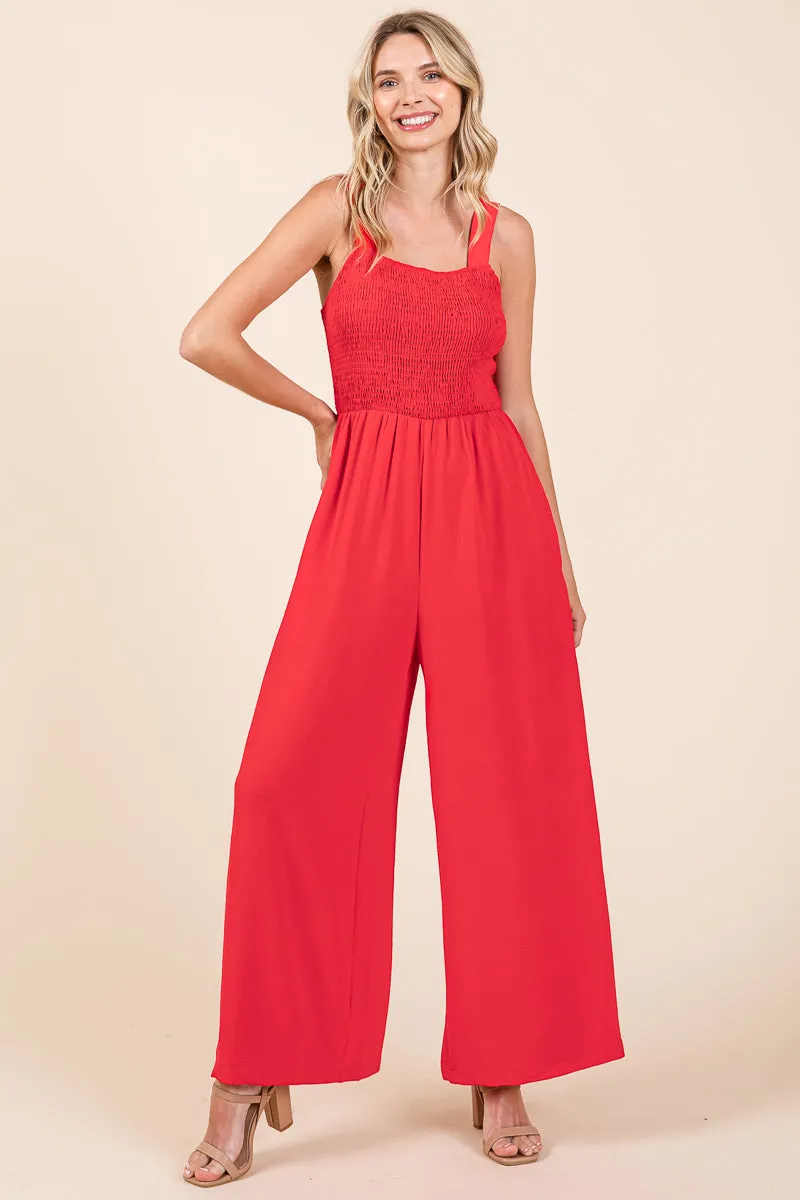 Smocked Strap Wide Leg Pleated Jumpsuit