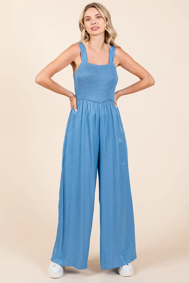 Smocked Strap Wide Leg Pleated Jumpsuit