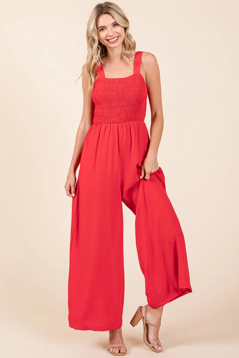 Smocked Strap Wide Leg Pleated Jumpsuit