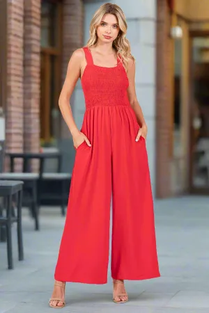 Smocked Strap Wide Leg Pleated Jumpsuit