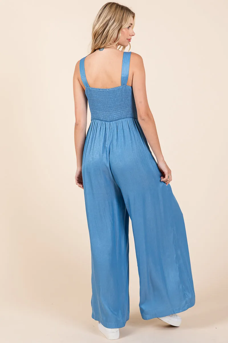 Smocked Strap Wide Leg Pleated Jumpsuit