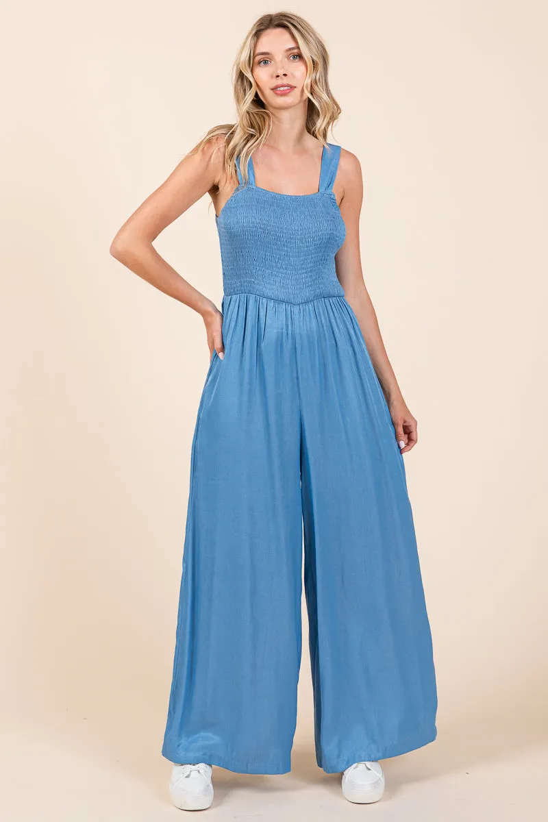 Smocked Strap Wide Leg Pleated Jumpsuit