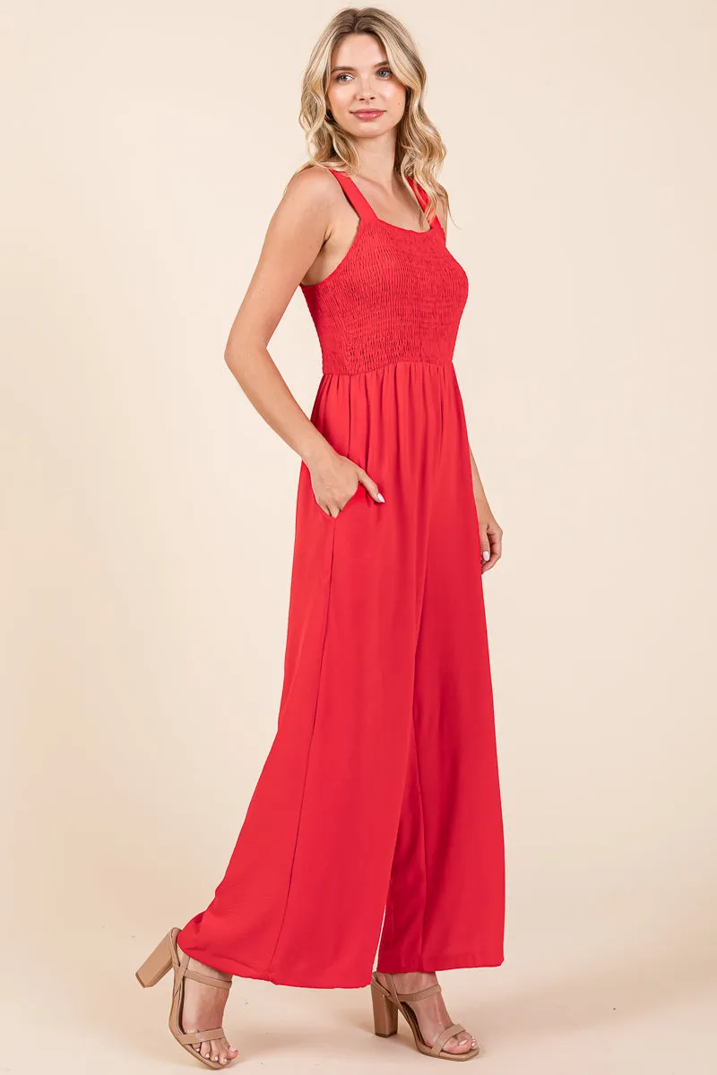 Smocked Strap Wide Leg Pleated Jumpsuit