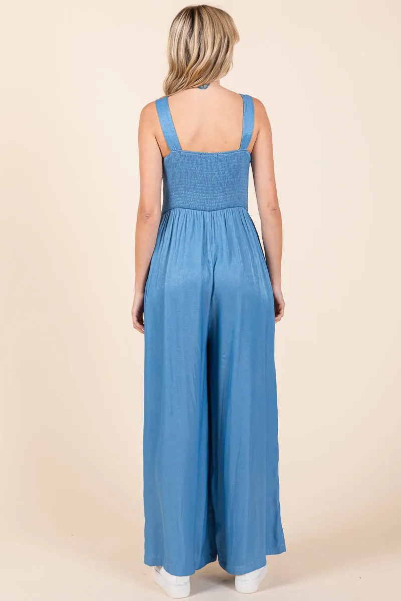 Smocked Strap Wide Leg Pleated Jumpsuit