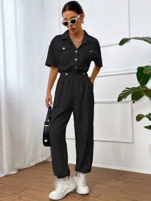 Solid Color Jumpsuit With Pockets And Front Button Placket SS24