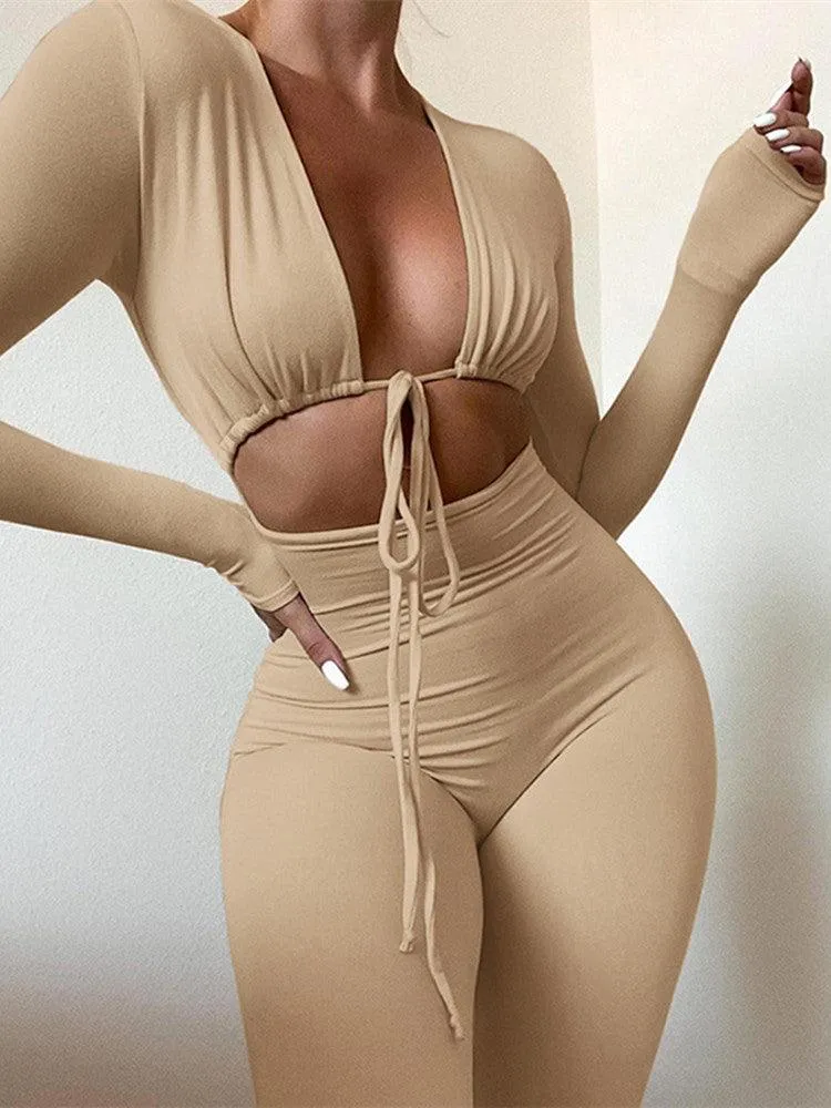 Solid Jumpsuit Bandage Cleavage