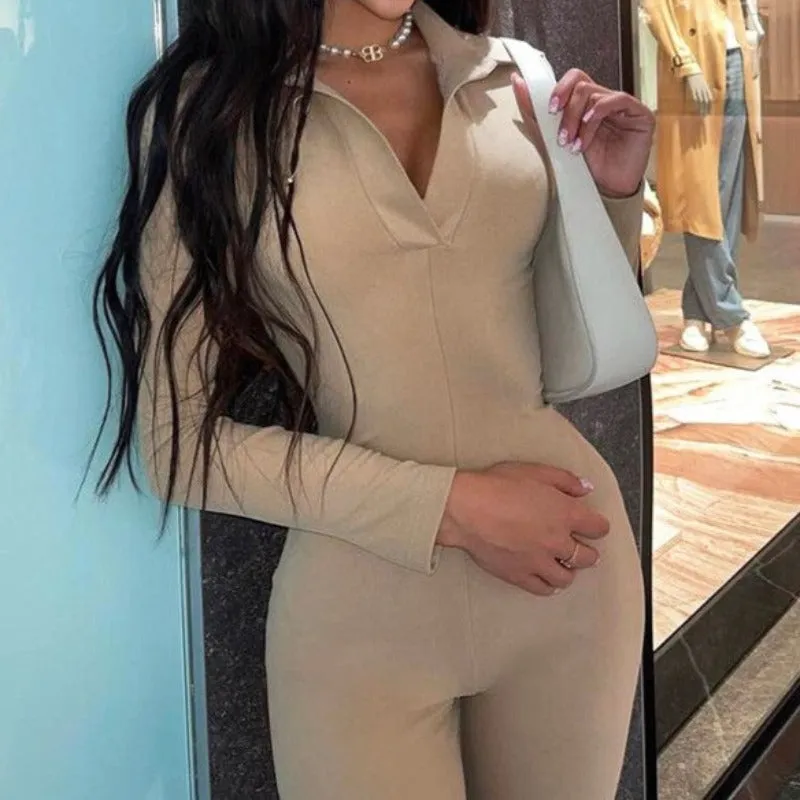 Solid Long Sleeve V-Neck Flared Jumpsuit