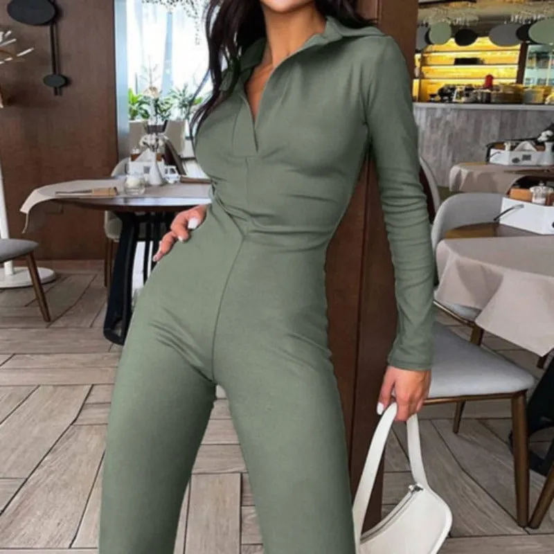 Solid Long Sleeve V-Neck Flared Jumpsuit