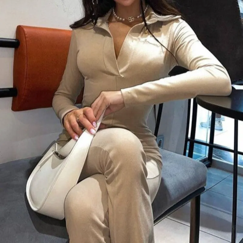 Solid Long Sleeve V-Neck Flared Jumpsuit