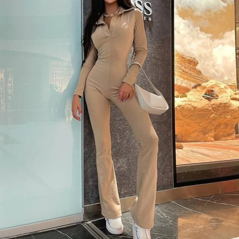 Solid Long Sleeve V-Neck Flared Jumpsuit