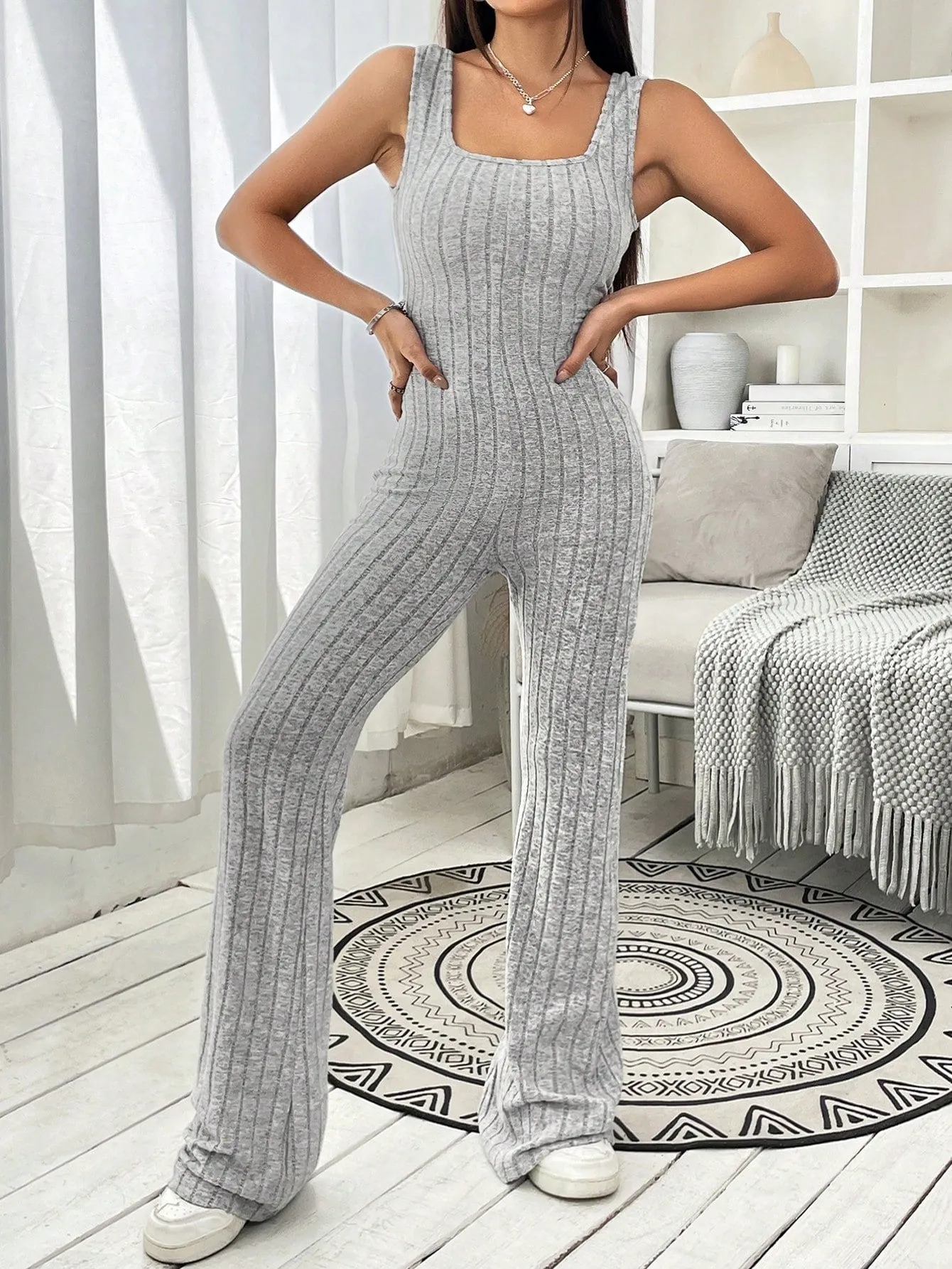 Solid Ribbed Knit Flare Leg Tank Jumpsuit SS23