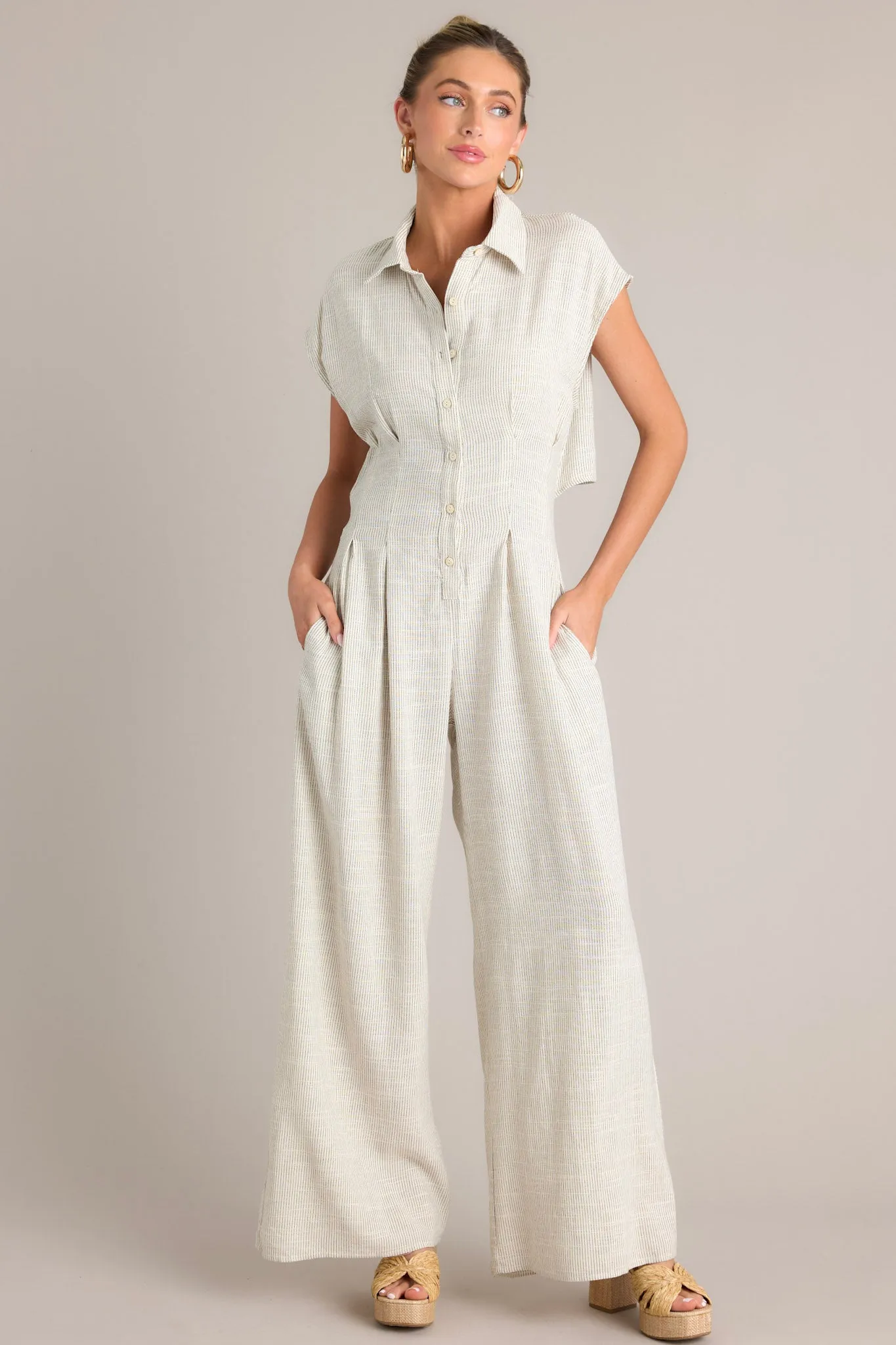 Sophisticated Strides Beige Pinstripe Button Front Jumpsuit