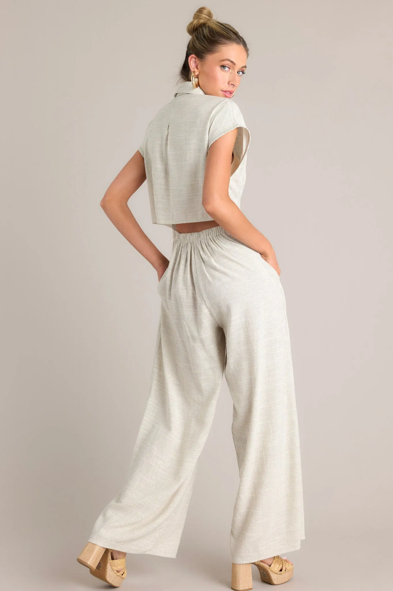 Sophisticated Strides Beige Pinstripe Button Front Jumpsuit