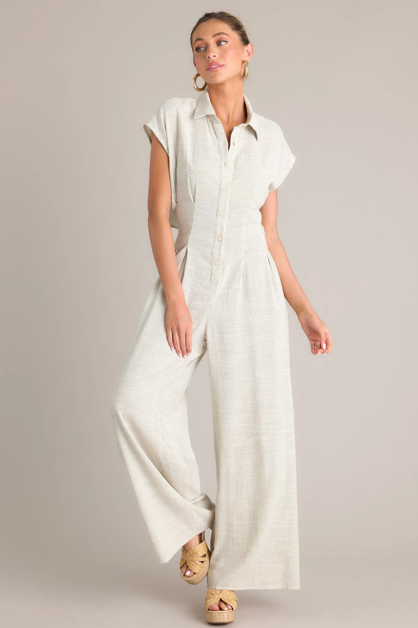 Sophisticated Strides Beige Pinstripe Button Front Jumpsuit