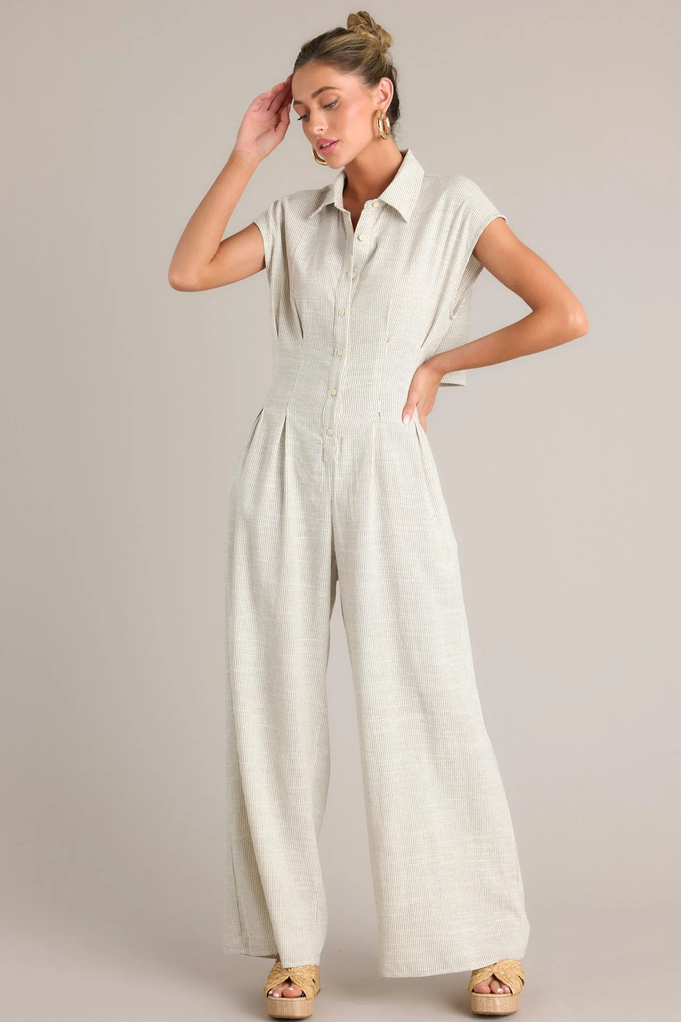 Sophisticated Strides Beige Pinstripe Button Front Jumpsuit