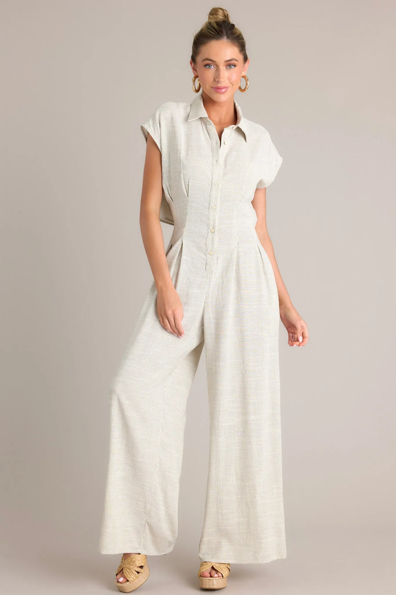 Sophisticated Strides Beige Pinstripe Button Front Jumpsuit