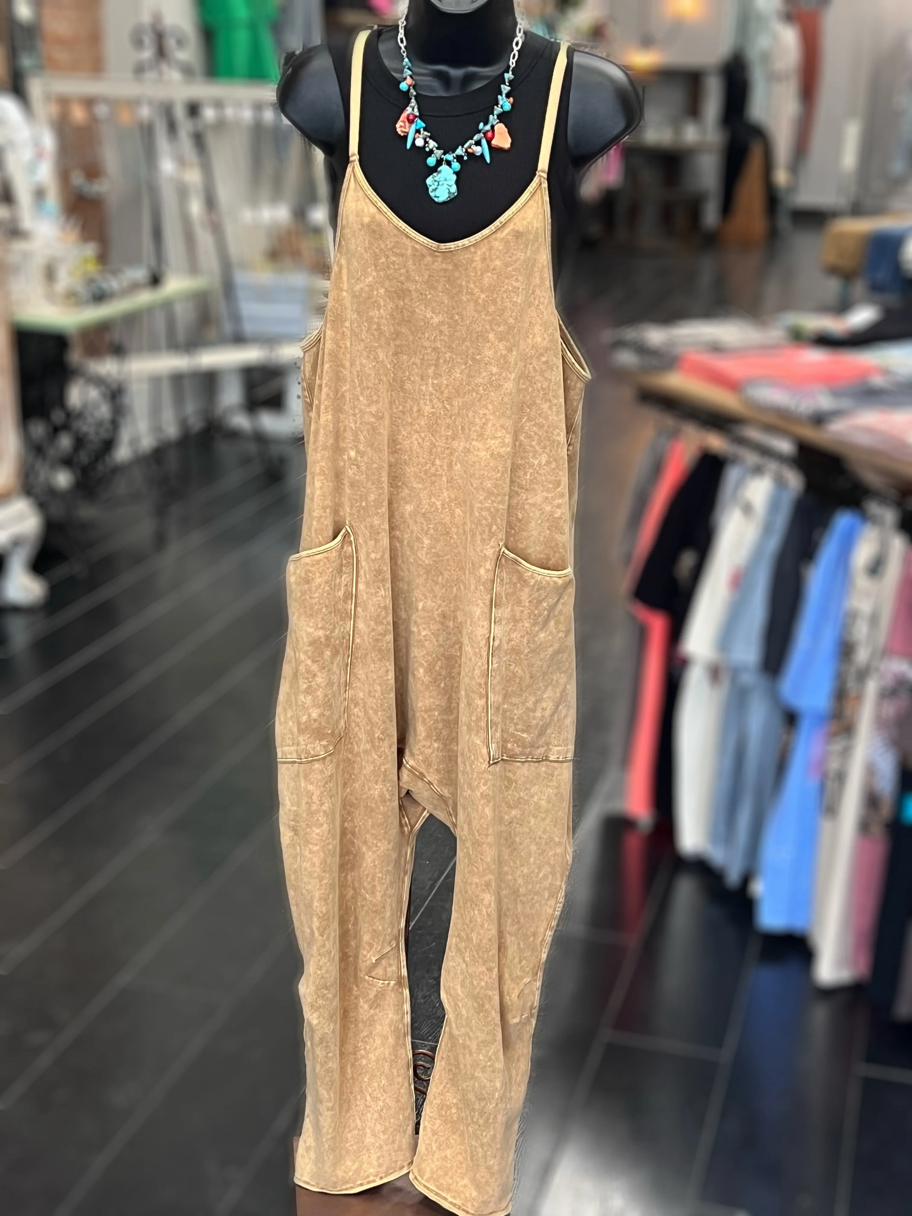 Spaghetti Strap Scoop Neck Jumpsuit Camel