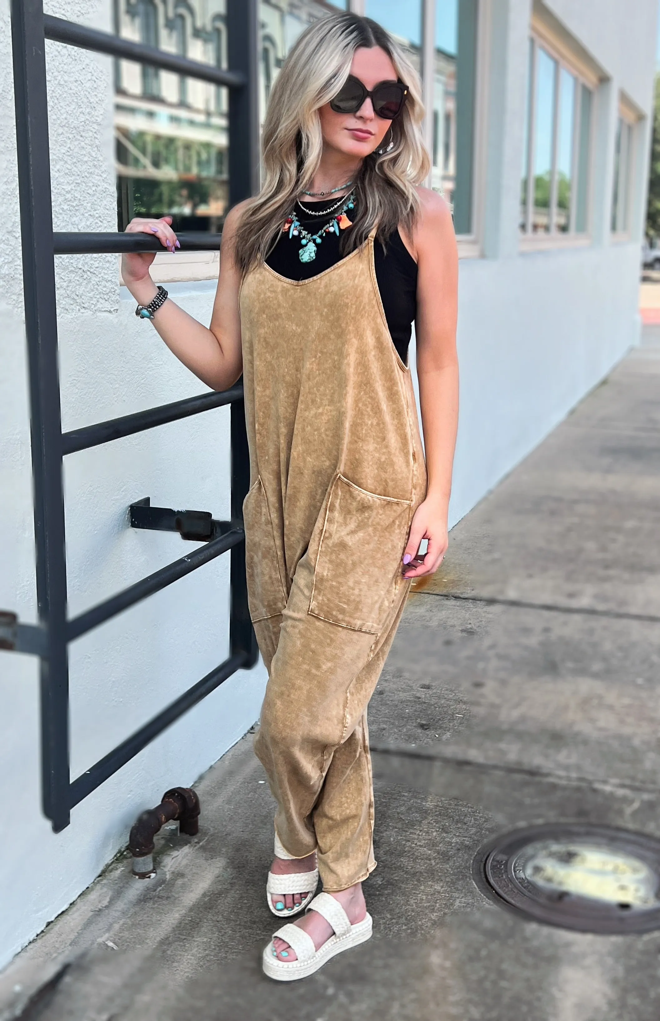 Spaghetti Strap Scoop Neck Jumpsuit Camel