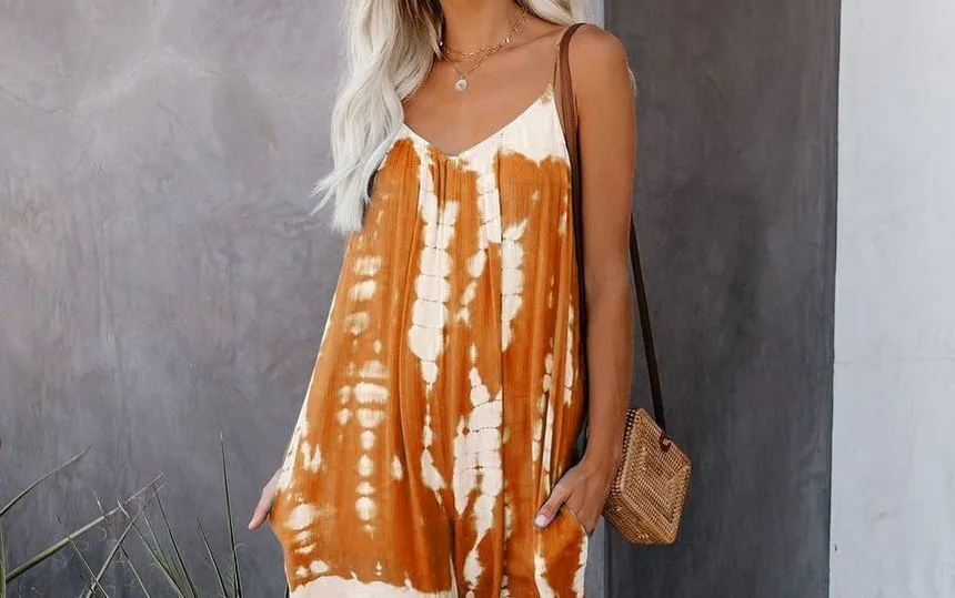 Spaghetti-Strap Tie-Dye Wide Leg Jumpsuit YR4044