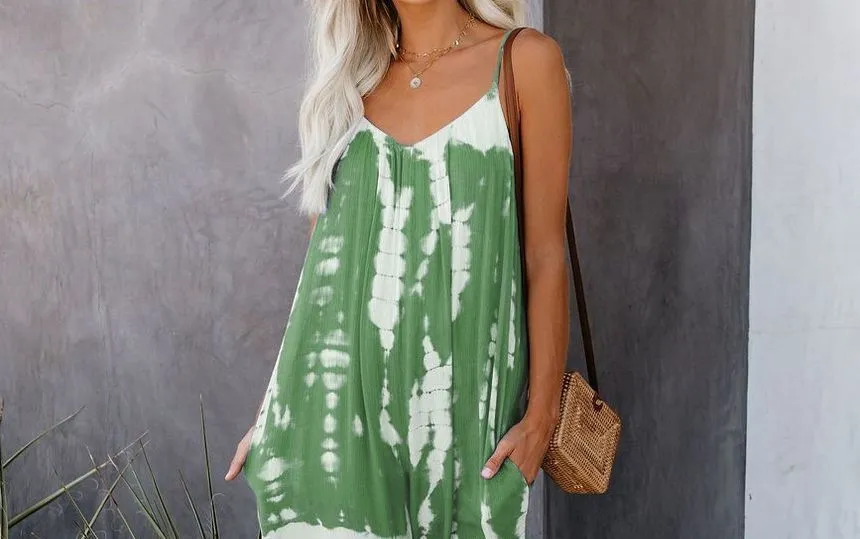 Spaghetti-Strap Tie-Dye Wide Leg Jumpsuit YR4044