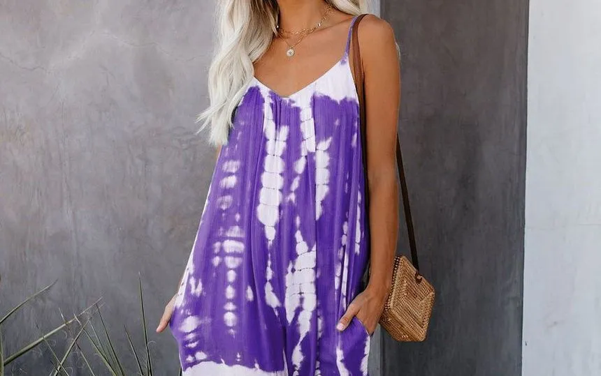 Spaghetti-Strap Tie-Dye Wide Leg Jumpsuit YR4044