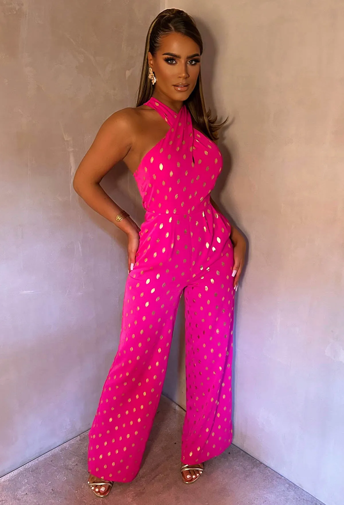 Star Crossed Fuschia Foil Spot Halter Jumpsuit