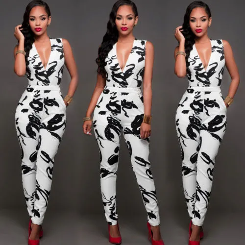 Strap V Neck Sleeveless Floral Print Beach Elegant Bodycon Overalls