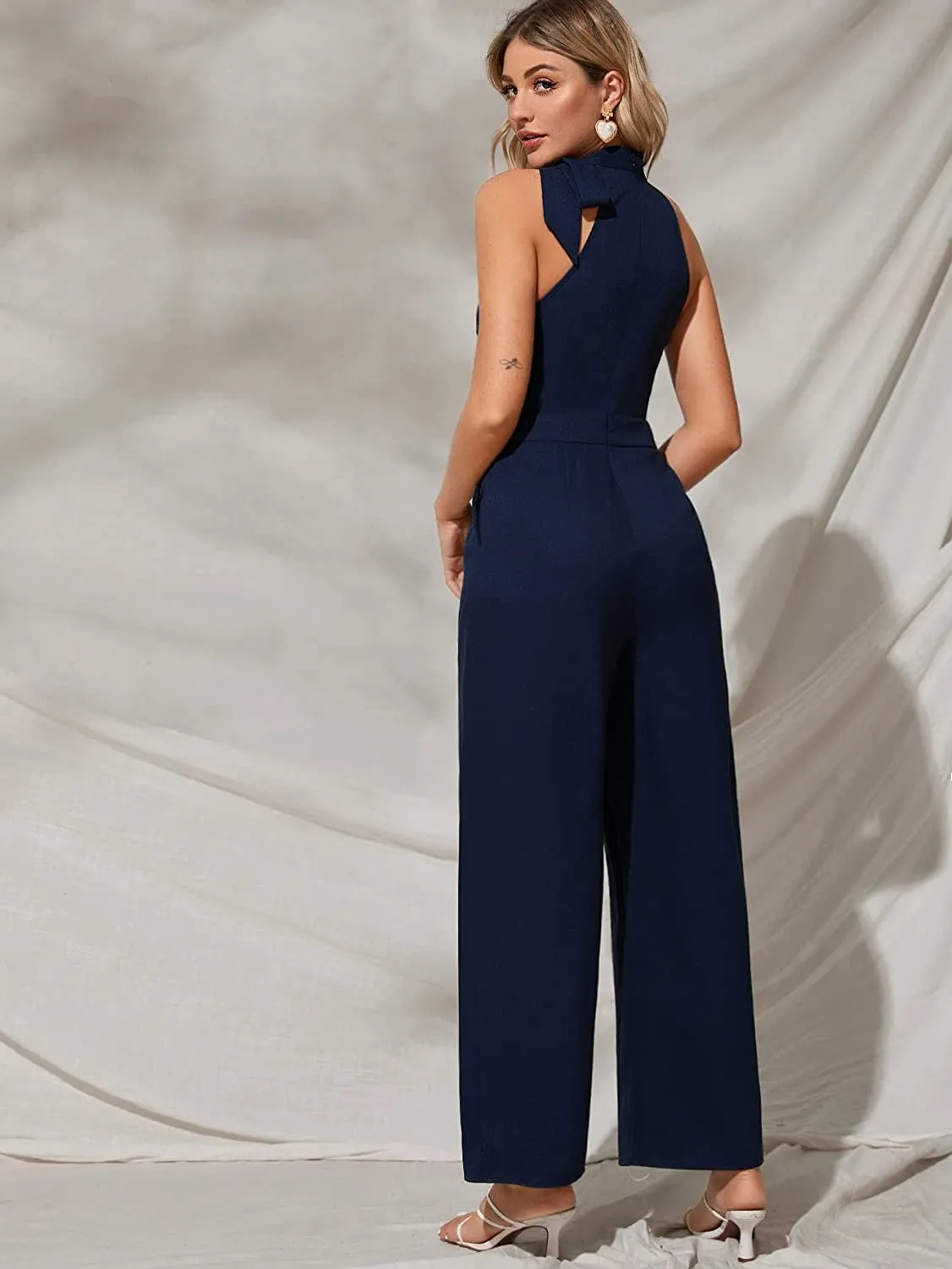 Stunning Halter Sleeveless Navy Blue Wide Leg Jumpsuit