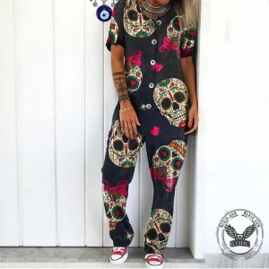 Sugar Skull Print One Piece Jumpsuit