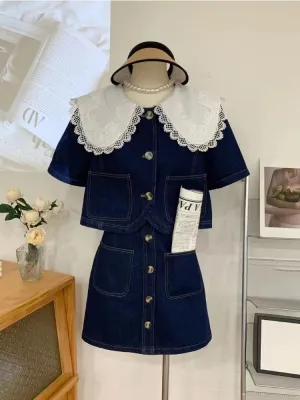 Summer Sweet Denim Suit Lace Peter Pan Collar Single Breasted Tops high Waist A-line Skirts