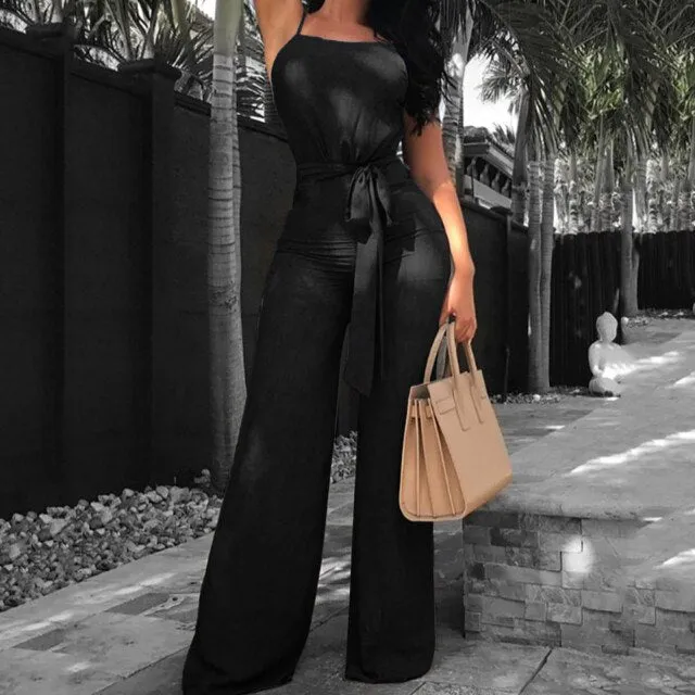 Summer Vogue Solid Color Sleeveless Overalls Lady Elegant Jumpsuit