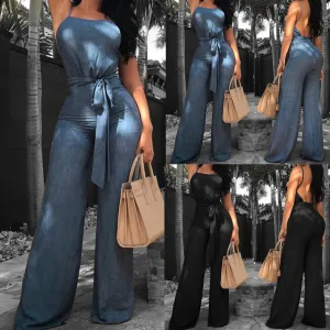 Summer Vogue Solid Color Sleeveless Overalls Lady Elegant Jumpsuit