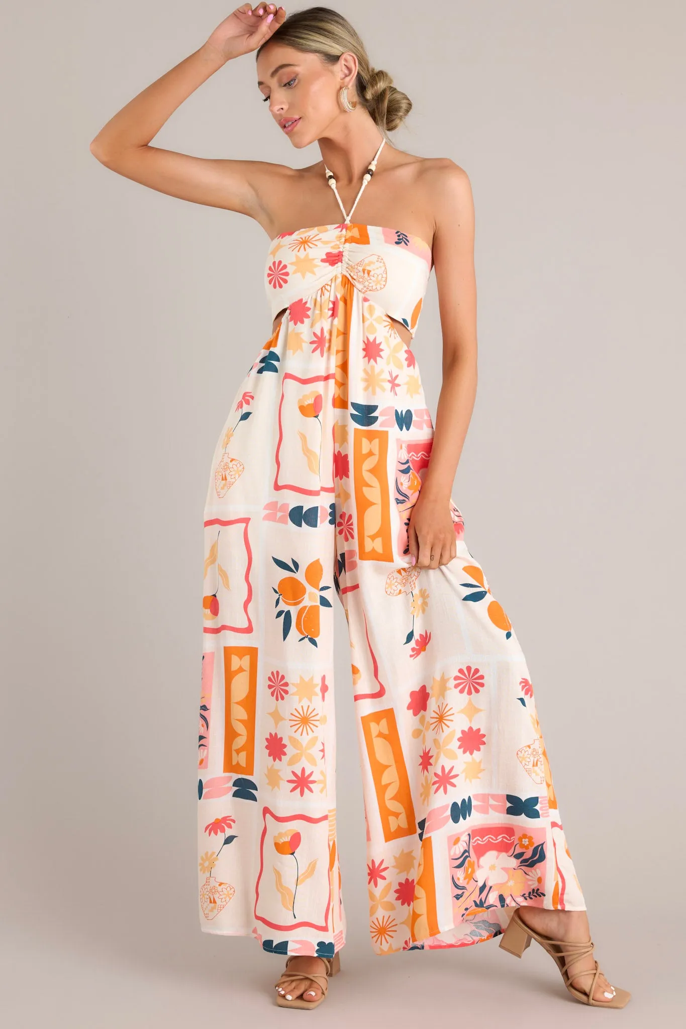 Sunset Cove Apricot Multi Print Halter Cutout Jumpsuit