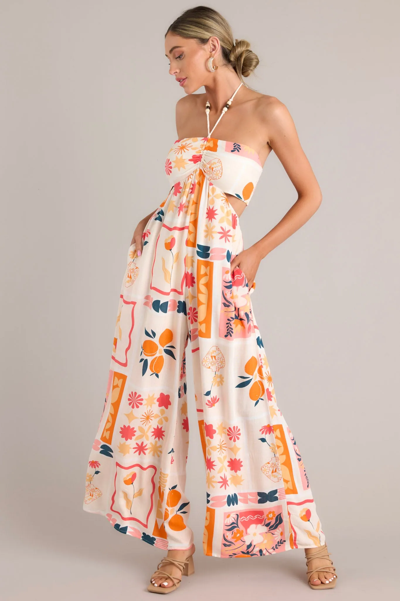 Sunset Cove Apricot Multi Print Halter Cutout Jumpsuit