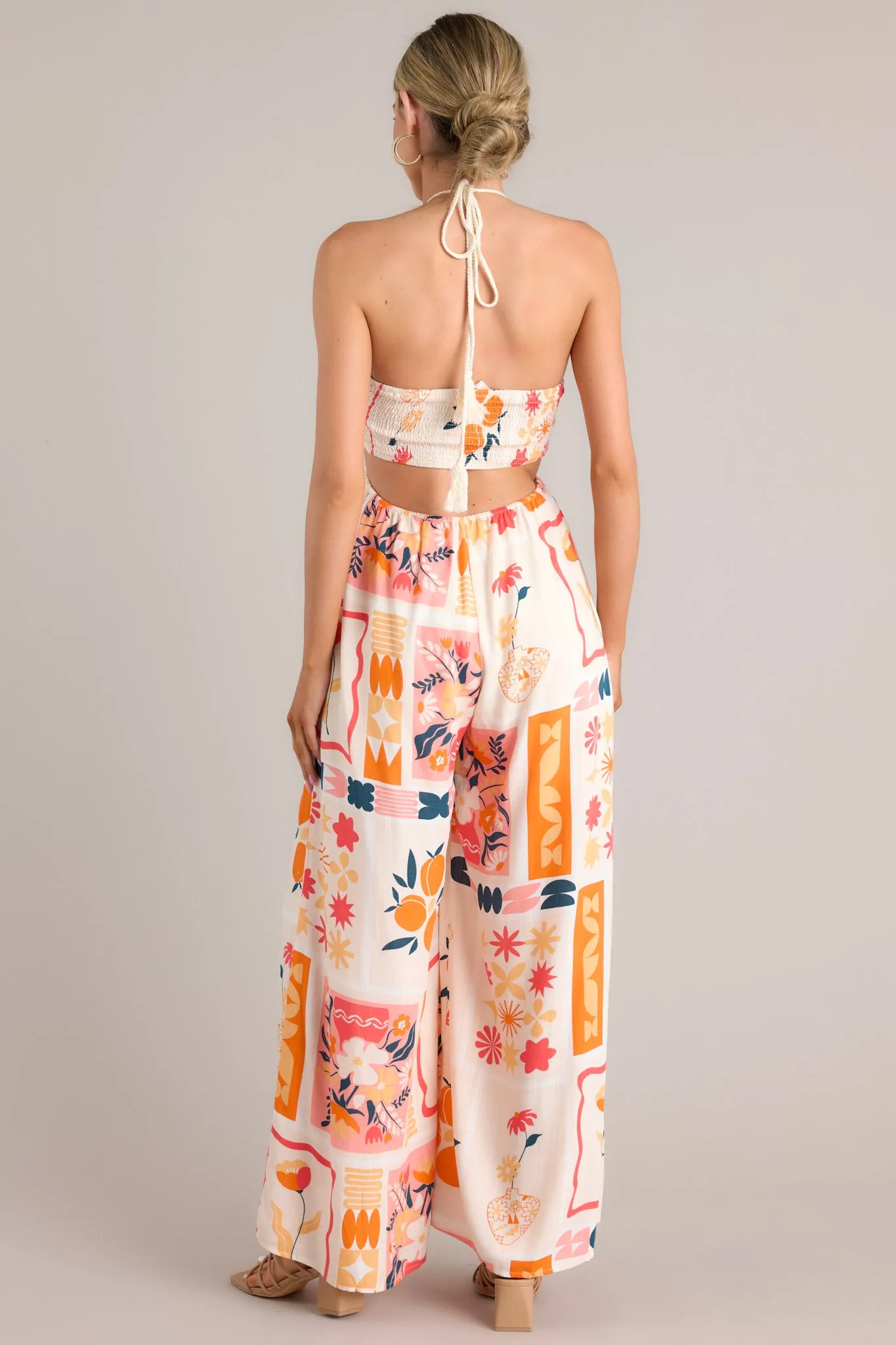 Sunset Cove Apricot Multi Print Halter Cutout Jumpsuit