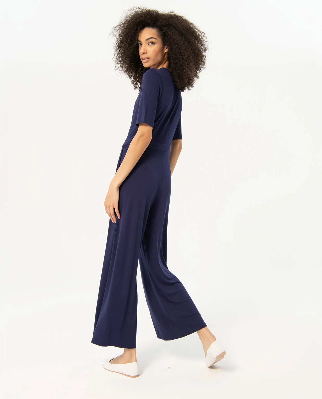 Surkana crossover neckline jumpsuit short sleeves navy blue