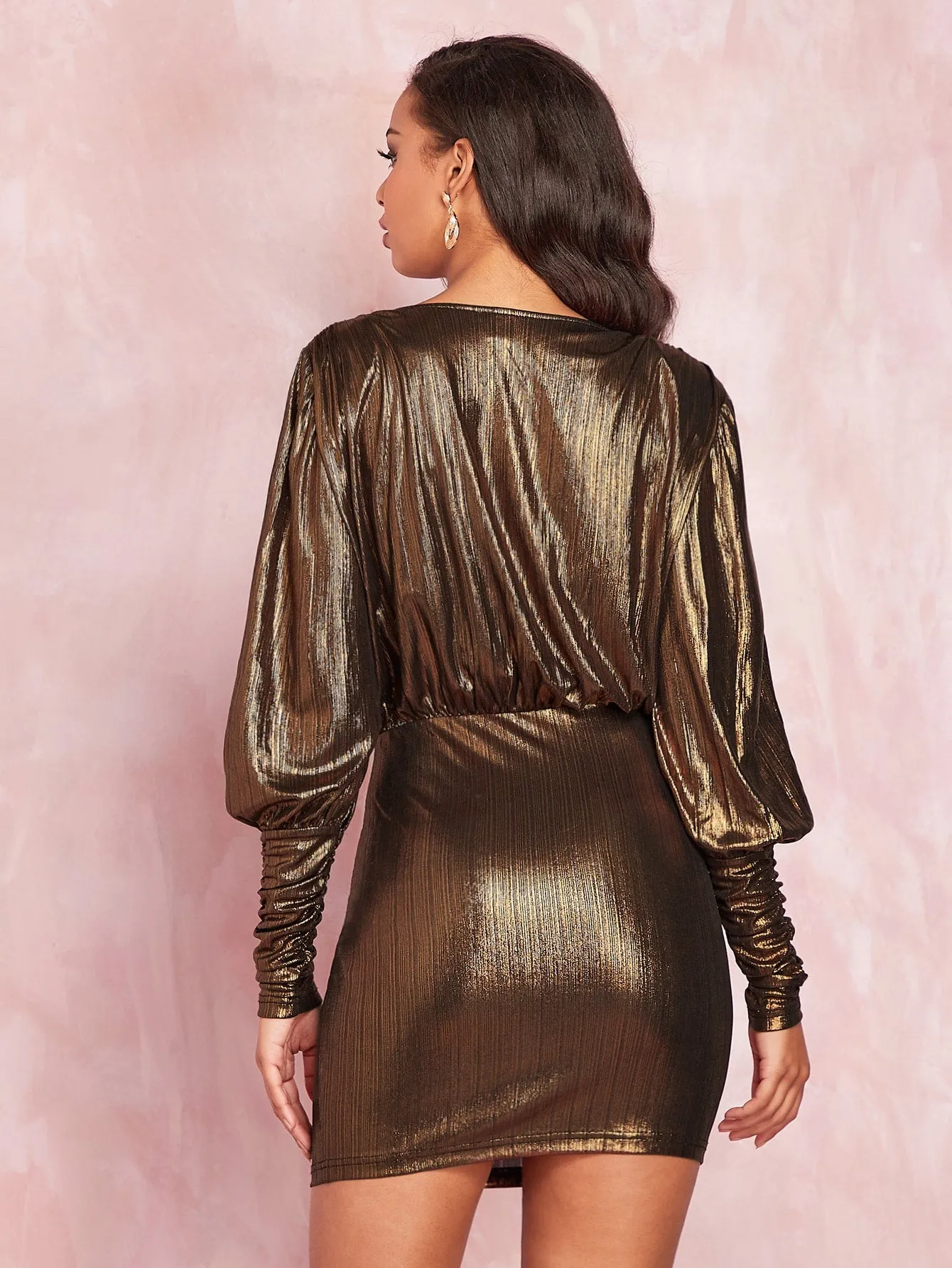 Surplice Neck Gigot Sleeve Metallic Dress