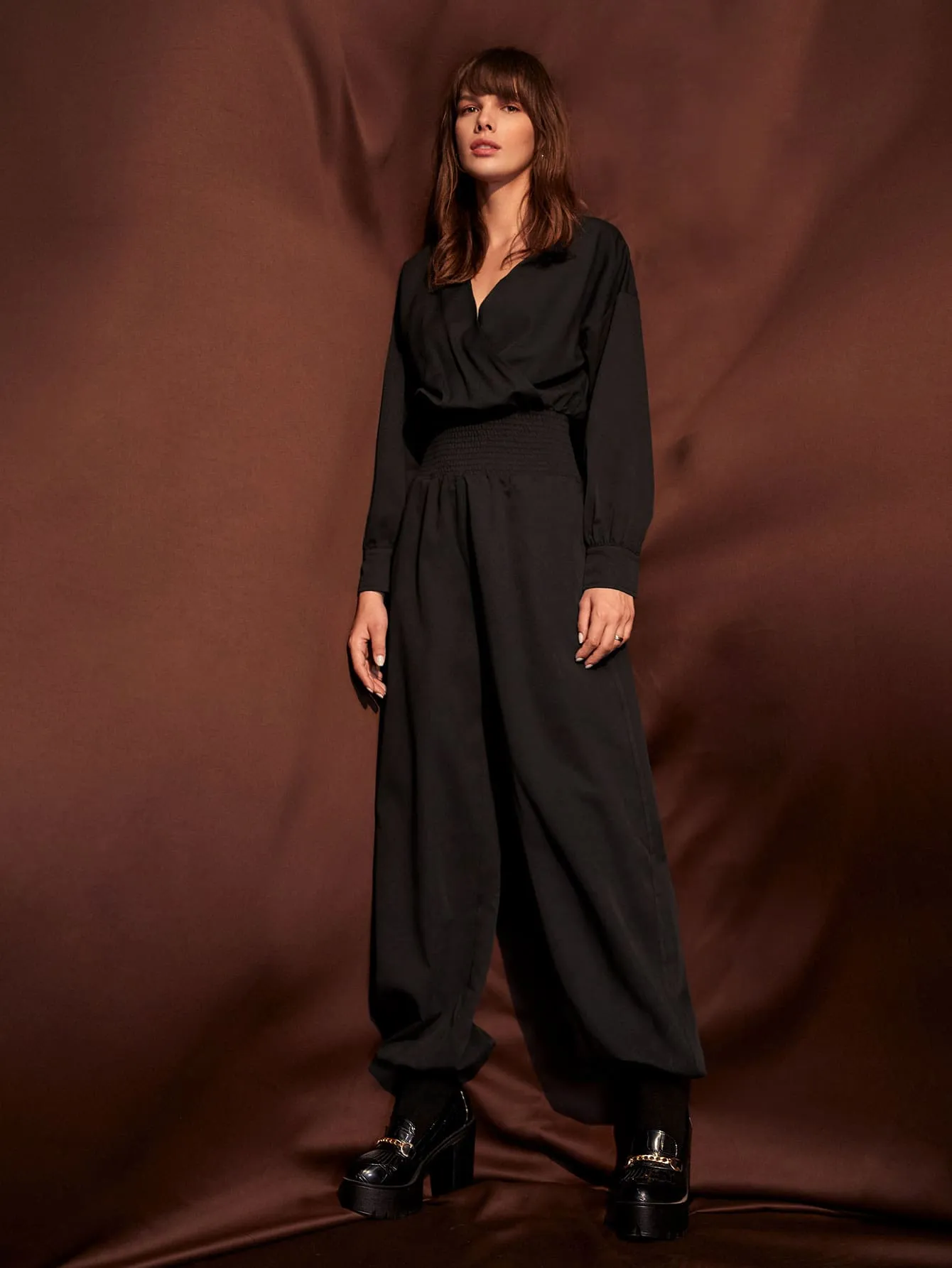 Surplice Neck Shirred Waist Jumpsuit