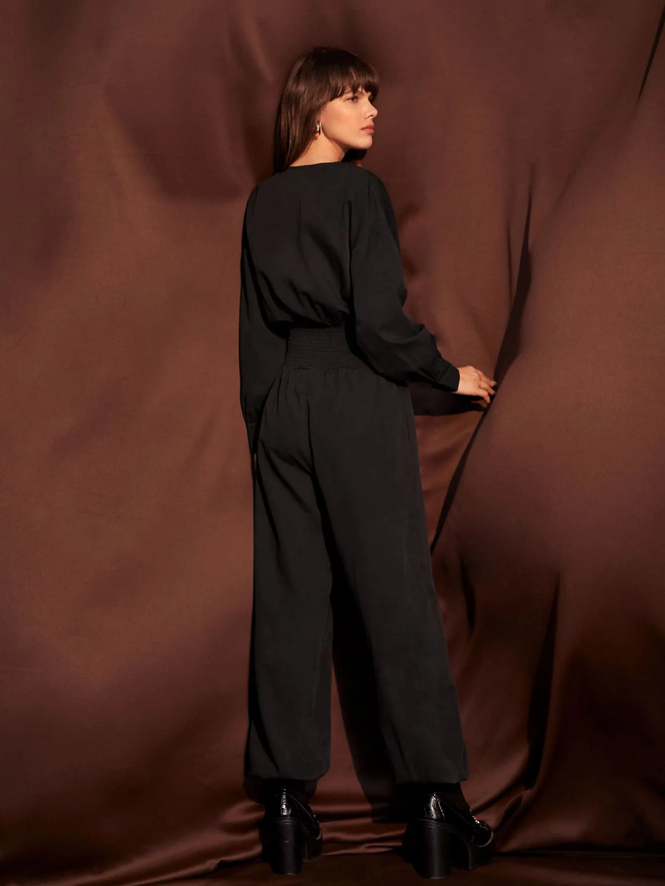 Surplice Neck Shirred Waist Jumpsuit