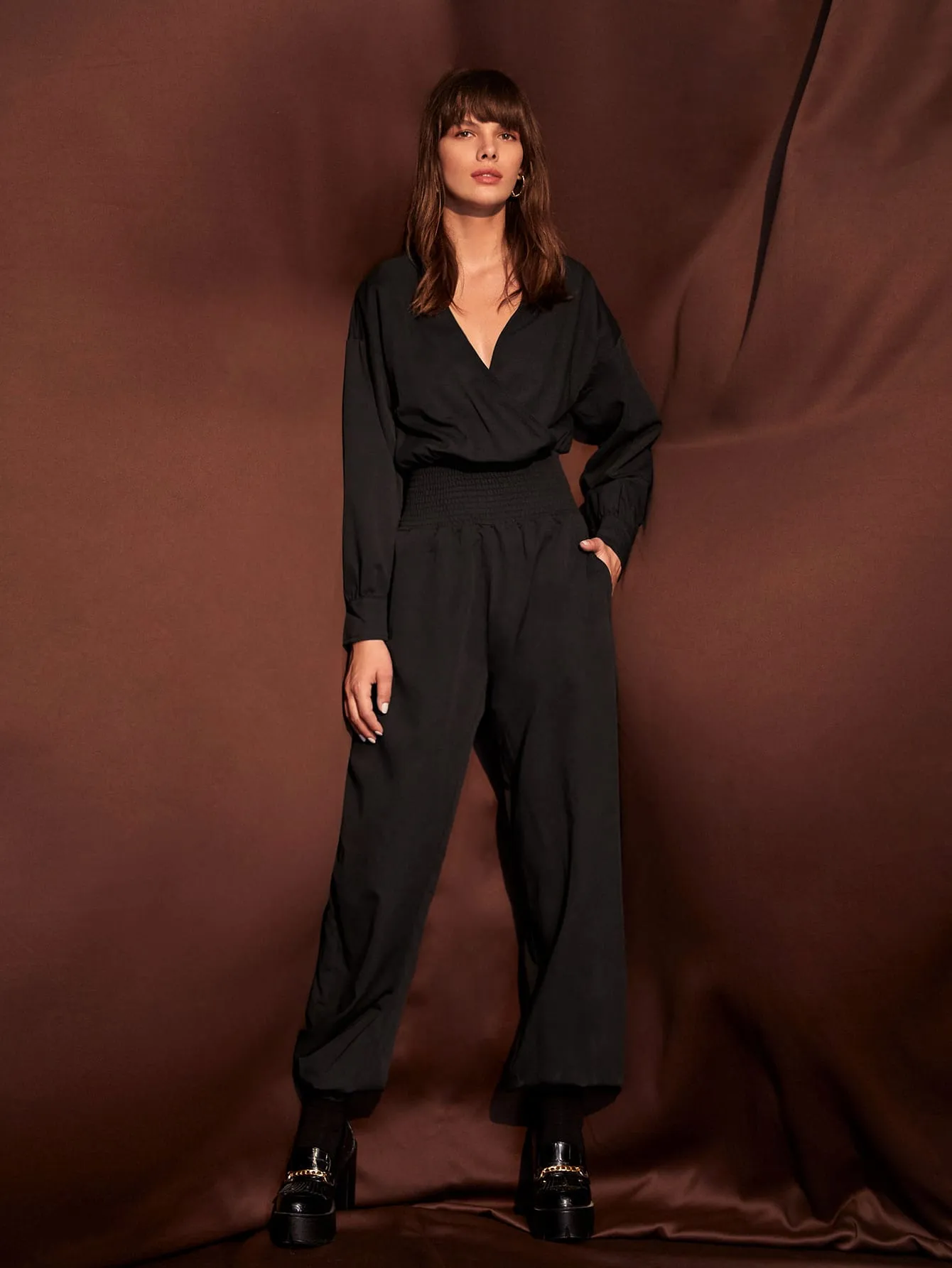 Surplice Neck Shirred Waist Jumpsuit